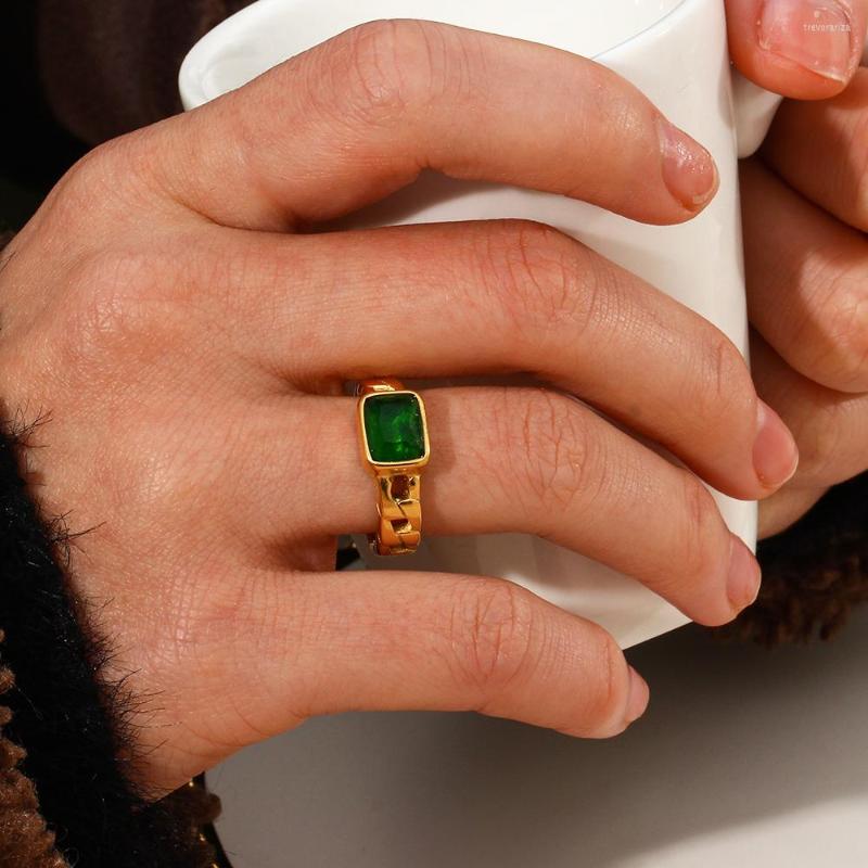 

Wedding Rings Open Size Hollow Braid Chain Square Emerald CZ Stone Finger For Lady 2023 Vintage Minimalist Gold Women