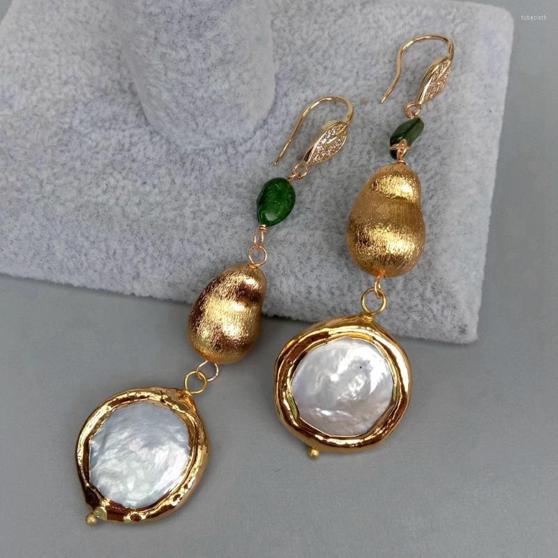 

Dangle Earrings KKGEM Drop Handmade Natural White Freshwater Pearl Teardrop Shape Green Chrome Diopside Brushed Bead Hook