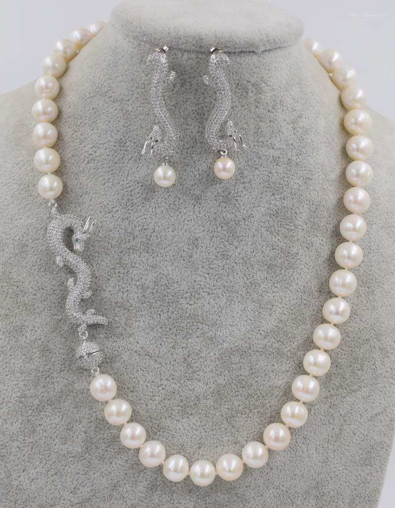 

Chains White Near Round 10-11mm Freshwater Pearl Necklace Earrings Dargon Clasp 18inch Wholesale Beads Nature FPPJ Woman