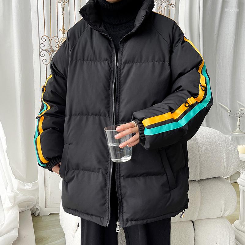 

Men's Jackets Warm Outwear Winter Slim Fit Thick Striped Coat Casual Stand-collar Jacket Outerwear Men Women Couple Cotton Clothing, Black