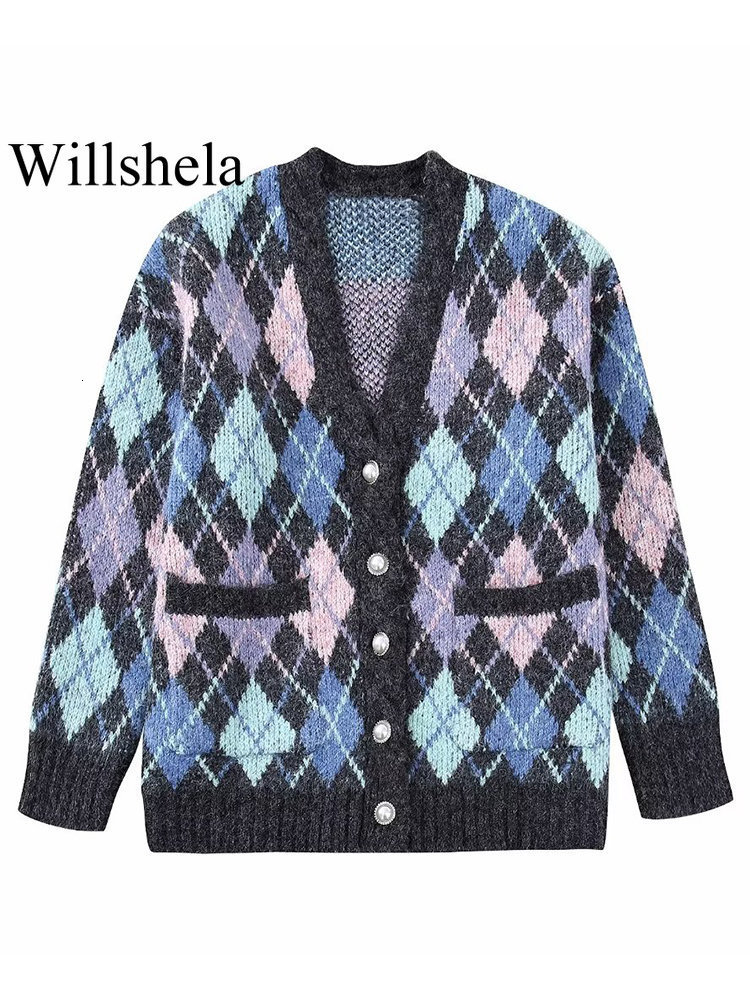 

Women  Knits Tees Willshela Women Fashion Argyle Plaid Single Breasted Cardigan Sweater Vintage Long Sleeves V Neck Female Chic Lady Outfits 230217, Multi