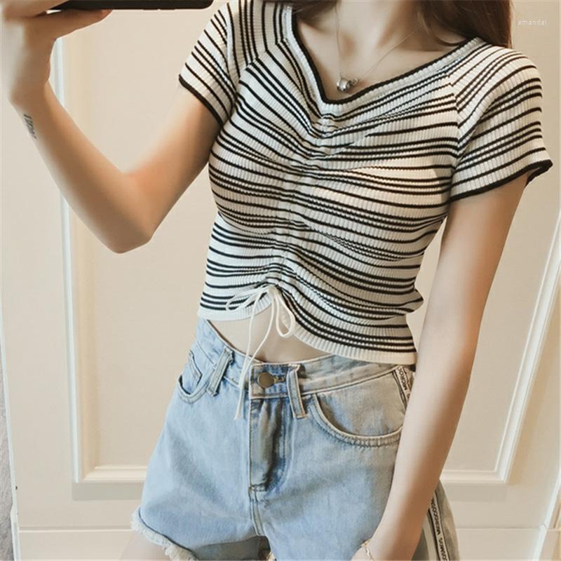 

Women's T Shirts Ready Adjustable Drawstring Knitted Slim T-shirt Short Sleeve Stripe Women's Crop Top, Black