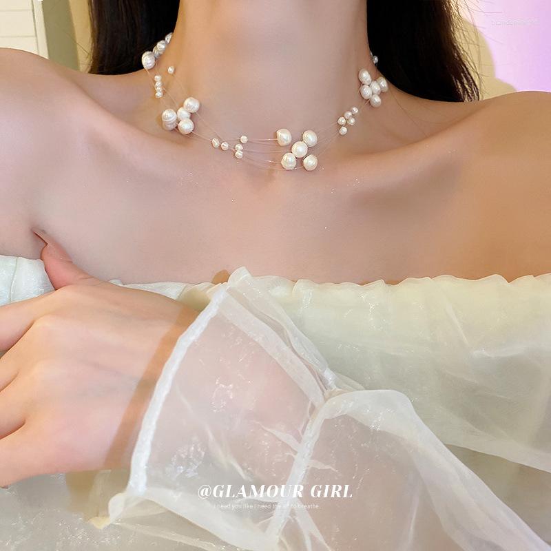 

Choker Genuine Gold Plated Fishing Line Freshwater Pearl Multilayer Necklace Fashion Temperament Design Clavicle Chain