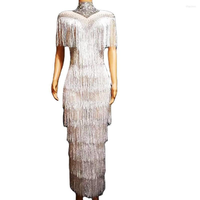 

Stage Wear Shining Rhinestone White Fringes Dresses Women Mesh Transparent Split Long Bar Dance Party Costume, Silver