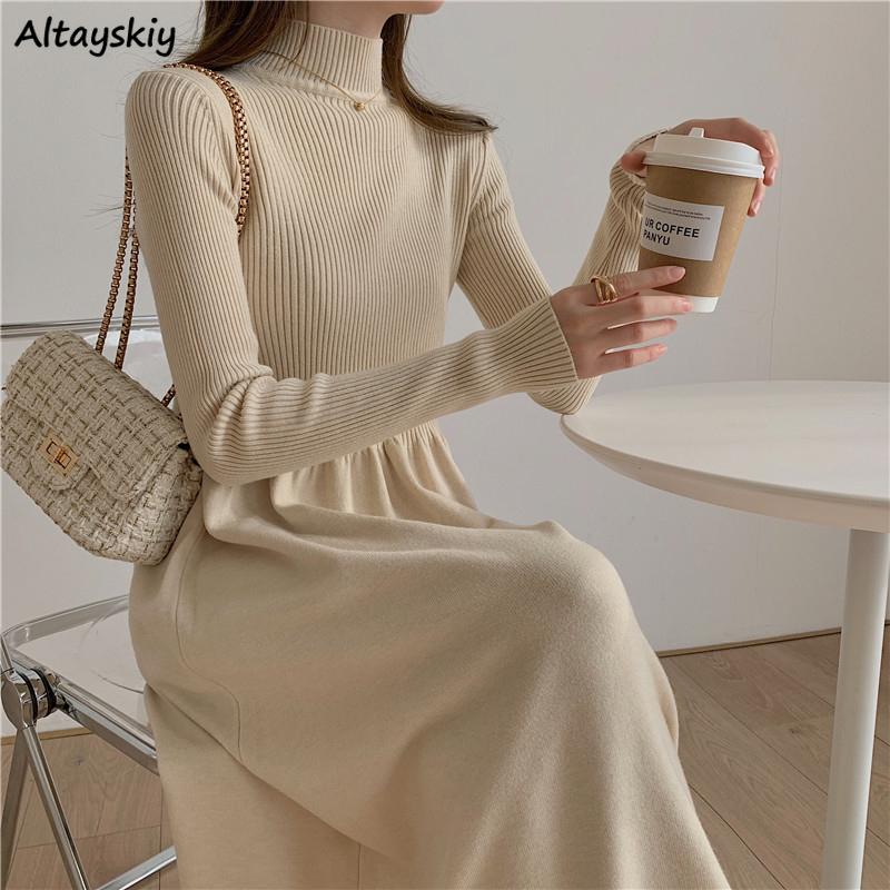 

Casual Dresses Retro Knitting Women Fashion Elegant French Style Solid Midi Dress Long Sleeve Mock-neck All-match Chic Trendy Simple, Apricot short style
