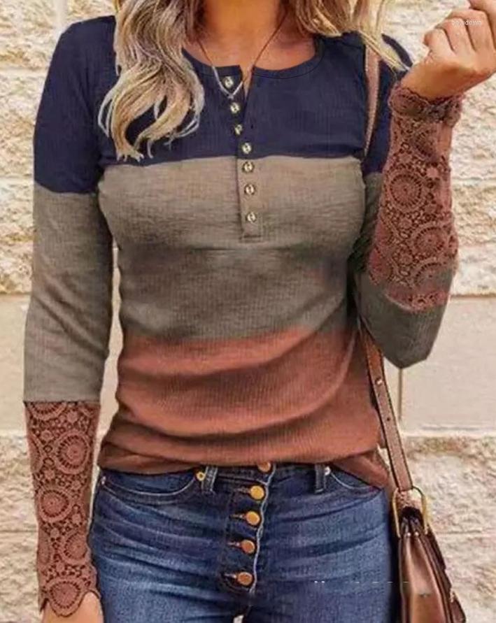 

Women' Blouses Tops Women 2023 Trendy Fashion Colorblock Contrast Lace Long Sleeve T-shirt Casual Round Neck Tee Women' Clothing