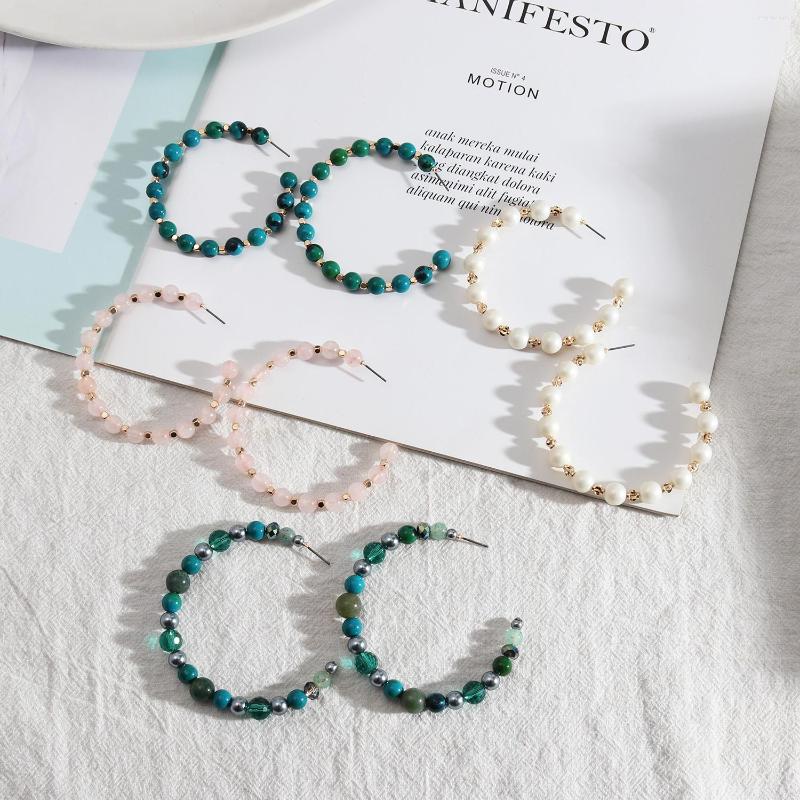 

Hoop Earrings Big Circle Natural Stones Turquoise Pearls Beads For Women Semi-precious O Statement