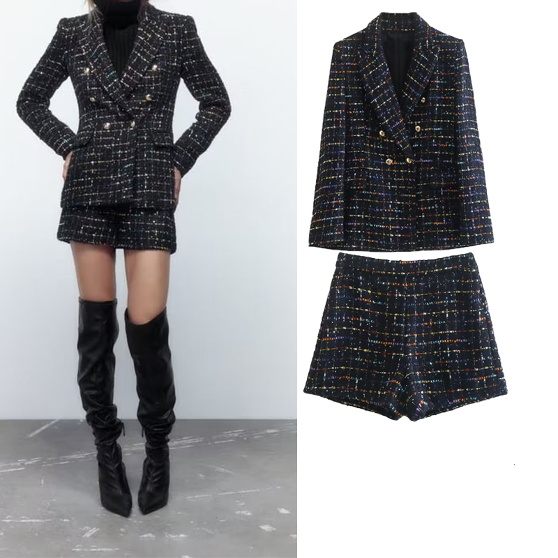 

Women  Two Piece Pants Autumn Winter Lapel Texture Double Breasted Suit Jacket High Waist Shorts Temperament Joker Two Piece 230217, 9019xx