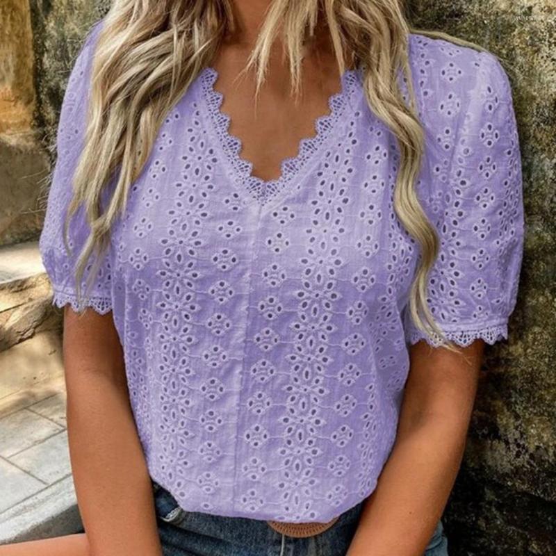 

Women's Blouses Lady Tee Top V-Neck Short Sleeve Solid Color Women Blouse Lace Spliced Hollow Summer Pullover Female Streetwear, Green