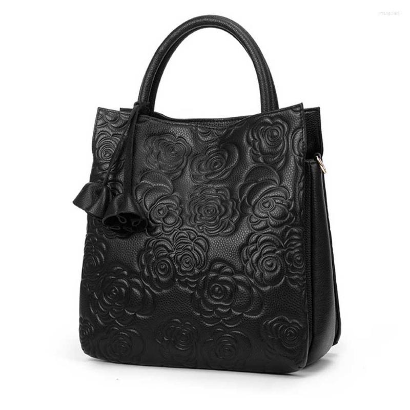 

Evening Bags 2023 Genuine Leather Woman Handbag Flower Print Luxury Cowhide Noble Ladies Shoulder Bag Crossbody Tote Purses, Black