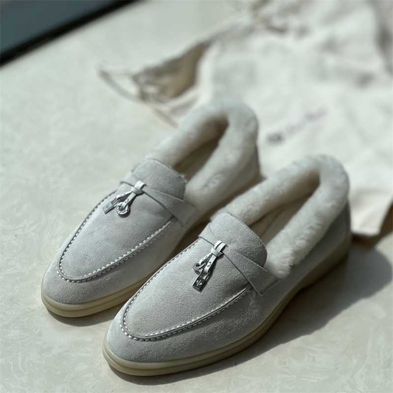 

Italy Designer Shoes Loropiana Autumn and Winter New Lp Lefu Shoes Plush Shoes Women's Plush Cotton Shoes Flat-bottomed Wool Leather Round-headed Loafers 5DHI, Khaki