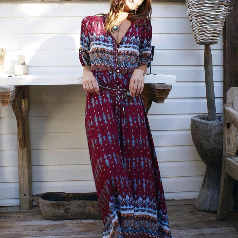 

Party Dresses Bohemian Printing Long Dress Women Maxi Floral Print Retro Hippie Vestidos Chic Brand Clothing Boho, Wine red