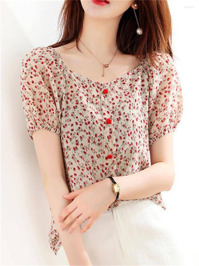 

Women's Blouses Woman Summer Style Tops Lady Casual Short Lantern Sleeve O-Neck Flower Printed Blusas DF4490, Pink