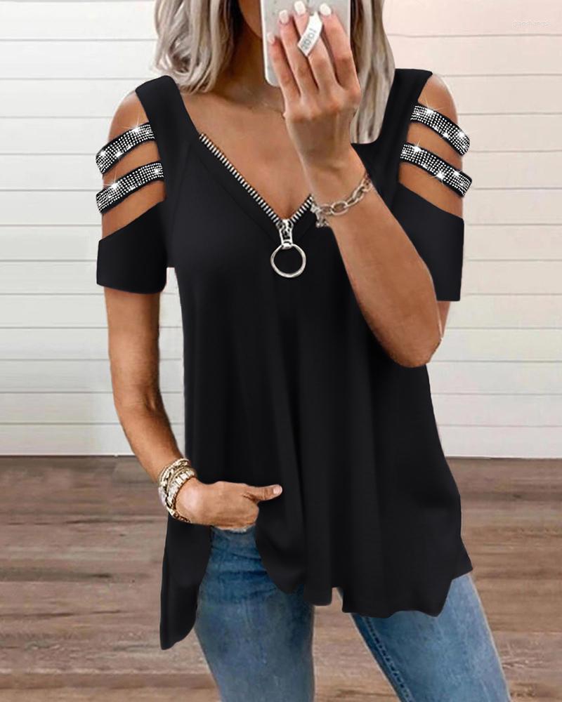 

Women' T Shirts Summer Women Studded Zipper Designed T-Shirt 2023 Femme Casual Cold Shoulder Short Sleeve Top Tee Ladies Outfits Blouse, Black
