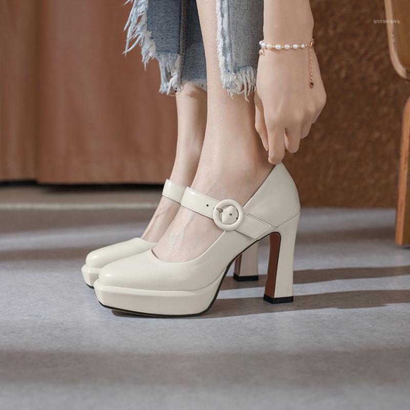 

Dress Shoes Ochanmeb 2023 Genuine Real Leather High Heeled Mary Jane Woman Buckled Strap Black Beige Party Wedding Platform Pumps, Beige shoes