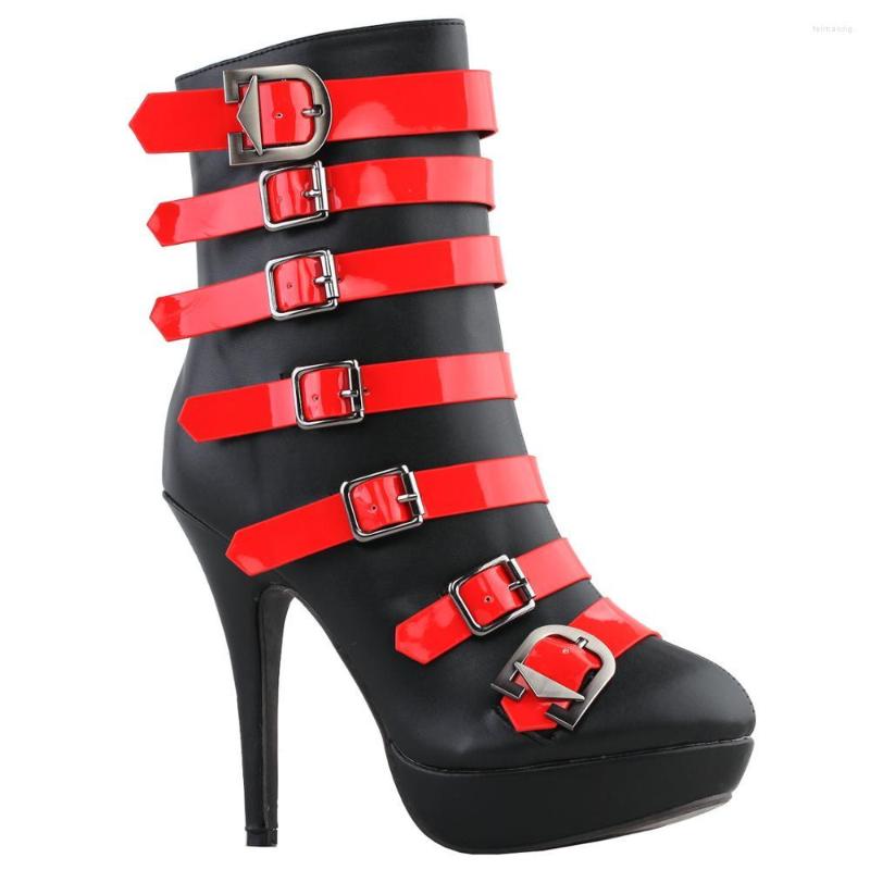 

Dress Shoes LF30484 SHOW STORY Fashion Black Red Two Tone Strappy Buckle Gladiator Platform Ankle Bootie