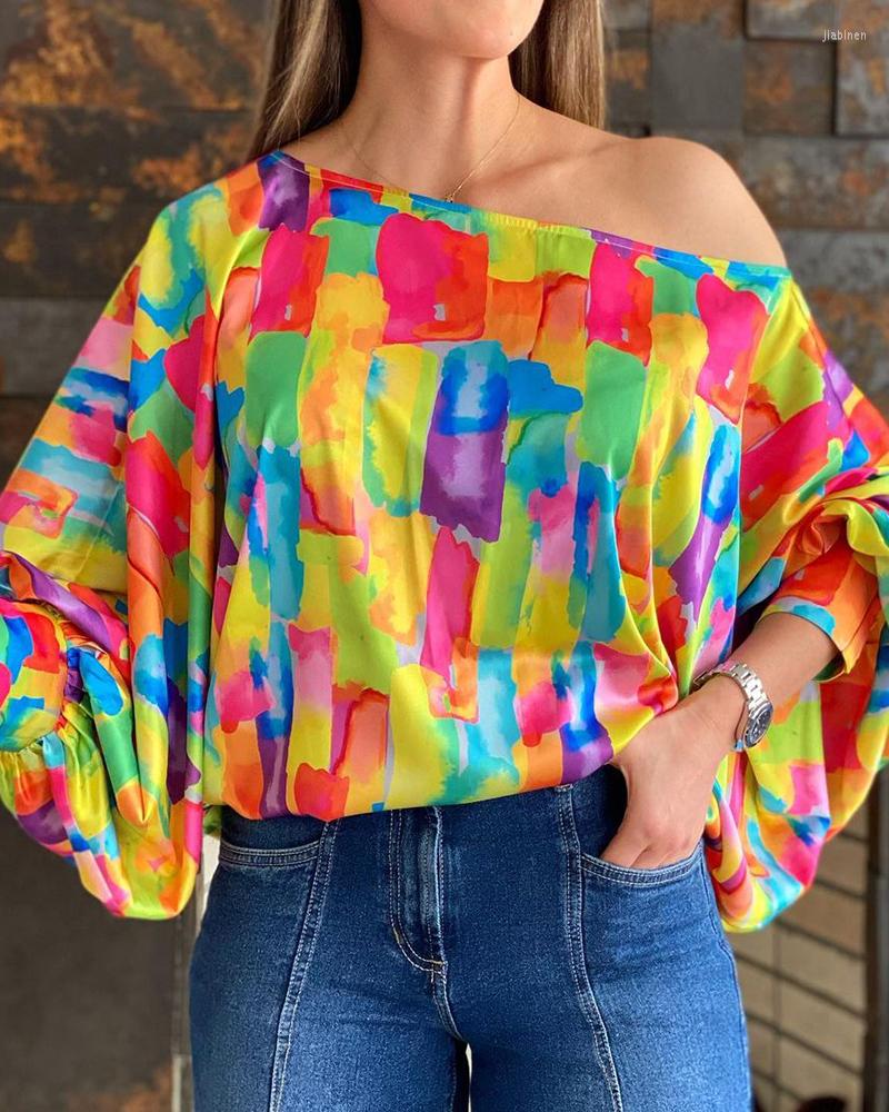 

Women' Blouses Summer Women Multicolor Print Loose Top 2023 Femme Sexy One Shoulder Lantern Sleeve Colorblock Blouse Female Y2k Chic Tunics, Black