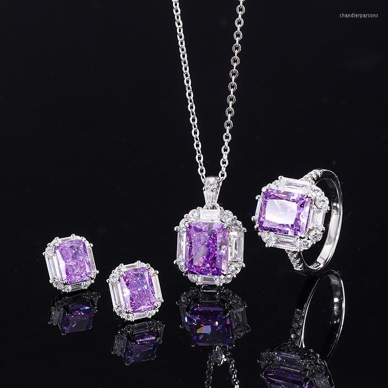

Cluster Rings S925 Full Body Silver Selling High Carbon Diamond Redian Cutting Purple Pendant Ring Earnail Set