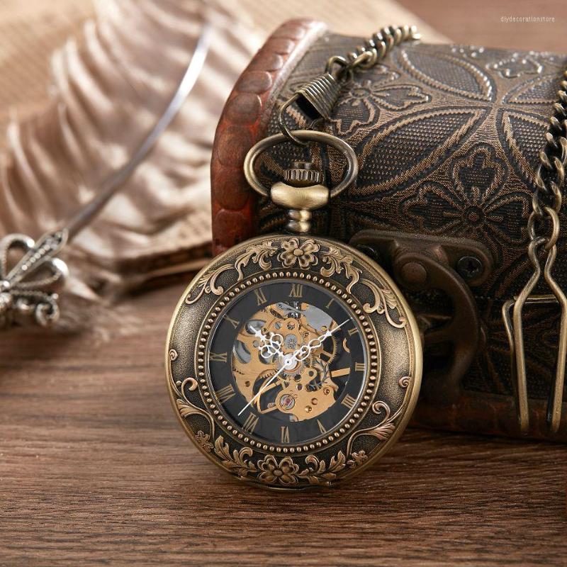 

Pocket Watches 2 Sides Open Gift Carving Mechanical Watch Men Women Fob Hand Wind Double Roman Numerals, Brown
