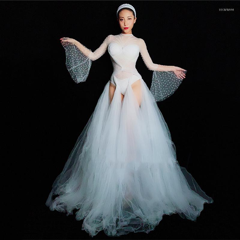 

Stage Wear White Mesh Rhinestones Dance Costume Women Birthday Bar Nightclub Female Singer Performance Perspective Outfit DL3422, Picture shown