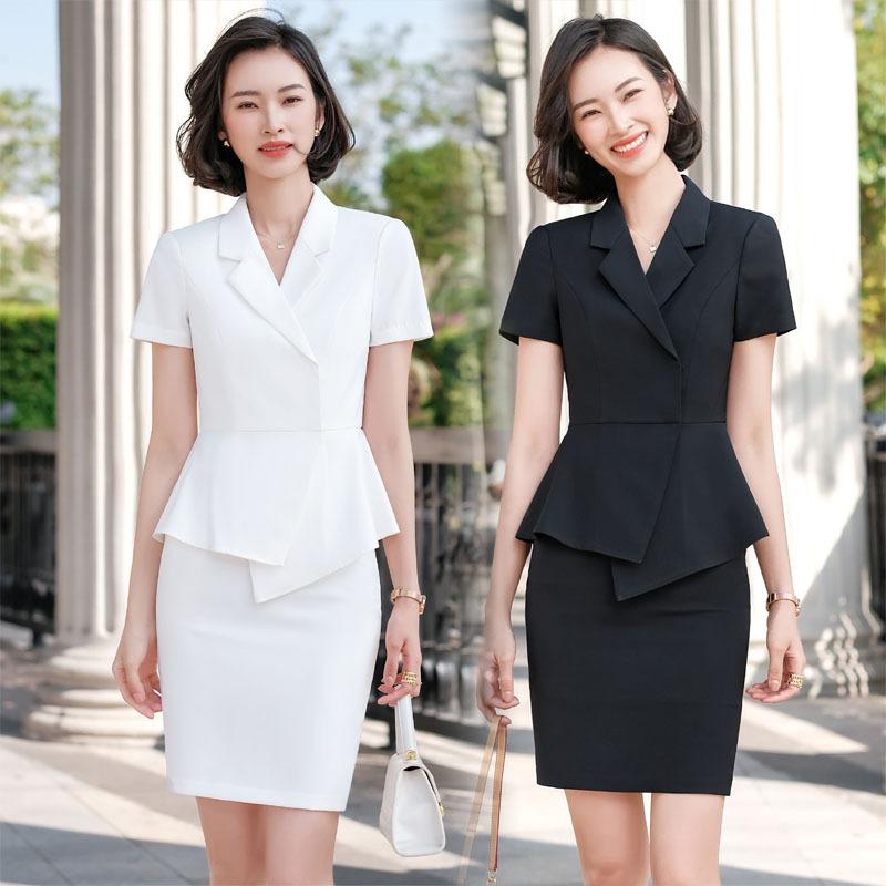 

Two Piece Dress Summer Short Sleeve White Business Wear Professional Skirt Suit Solid Color Black Ladies Two-Piece Set Slim Fit SuitTwo, Whitejacketskirt
