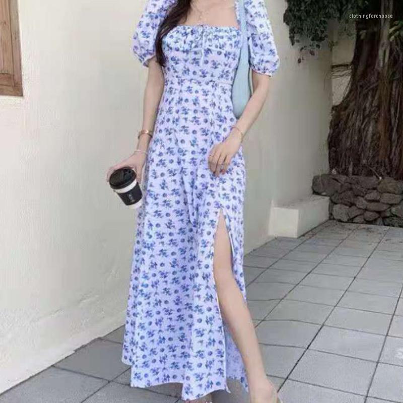 

Party Dresses Women's Long Dress Female Puff Short Sleeve Floral Printed Split For Spring Summer