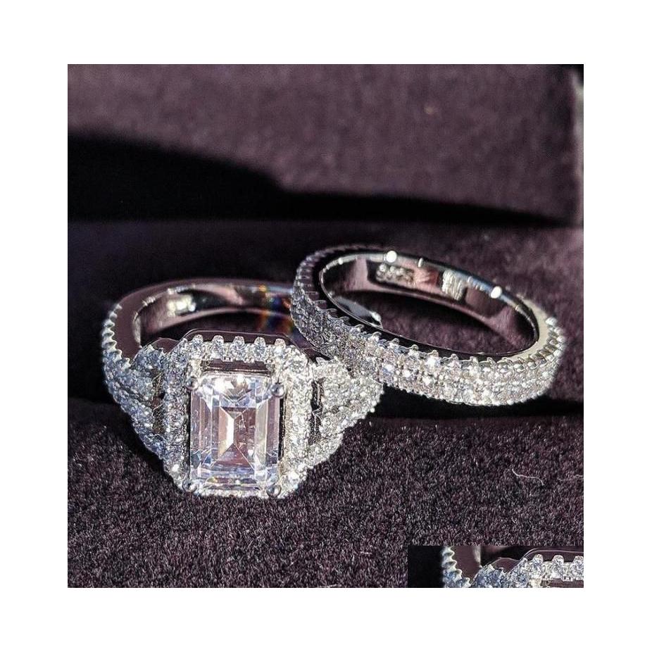

Couple Rings Solid 925 Sterling Sier Zircon Wedding Ring Set For Bridal Women Finger L Drop Delivery Jewelry Dhxul