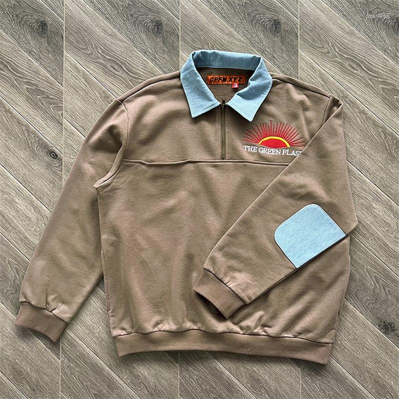 

Men' Polos 2023 CPFM.XYZ Green Flash Denim Half Zip Embroidered 1:1Denim Patchwork Polo, Auburn