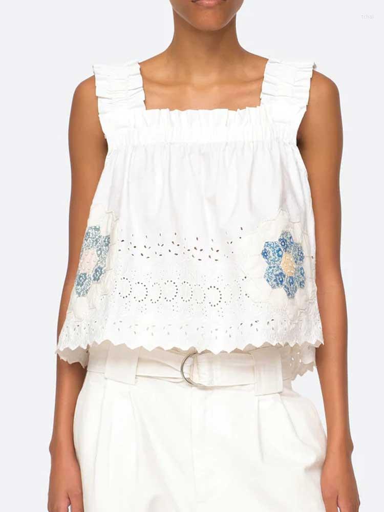 

Women' Blouses Boho Inspired Ruffled Straps Blouse Women Floral Patches Eyelet White Tops Square Neck Ladies Cotton Summer