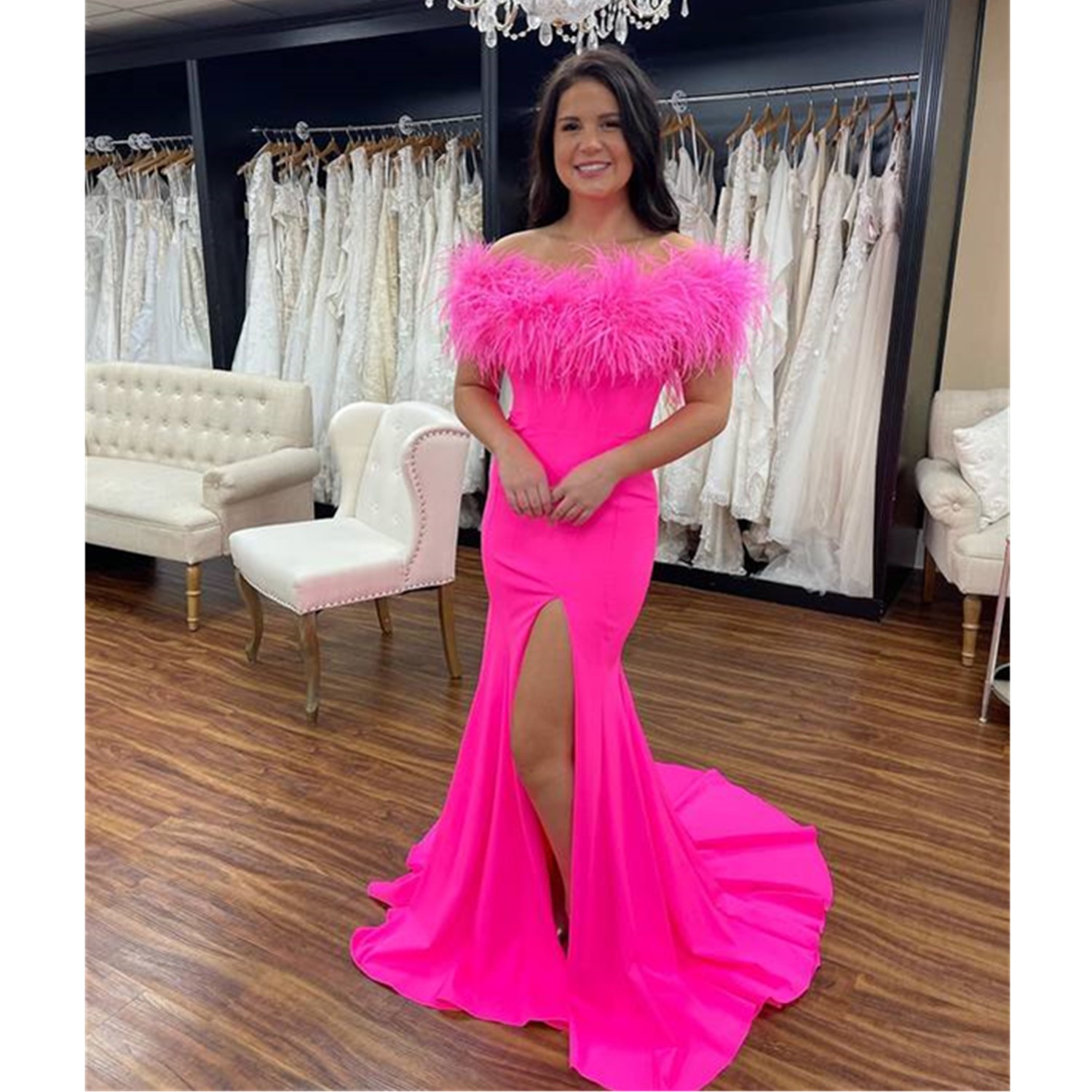 

Pink Feathers Prom Dresses Off Shoulder Evening Dress Custom Made Side Split Lace Women Formal Celebrity Party Gown, Gold
