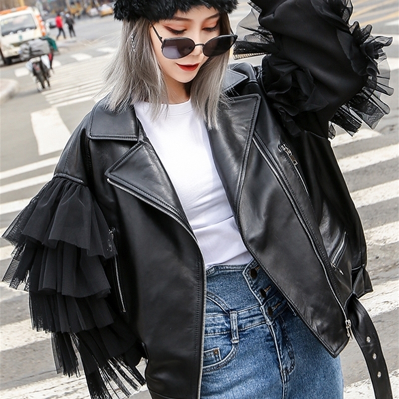 

Womens Leather Lautaro Autumn Short Black Oversized Lace Patchwork Leather Biker Jacket Long Sleeve Loose Womans Clothing Fashionable Outerwear 230216