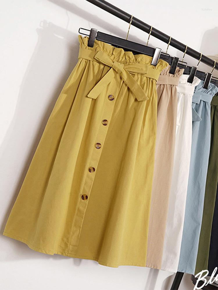 

Skirts Summer Autumn Womens 2023 Midi Knee Length Korean Elegant Button High Waist Skirt Female Pleated School, Black