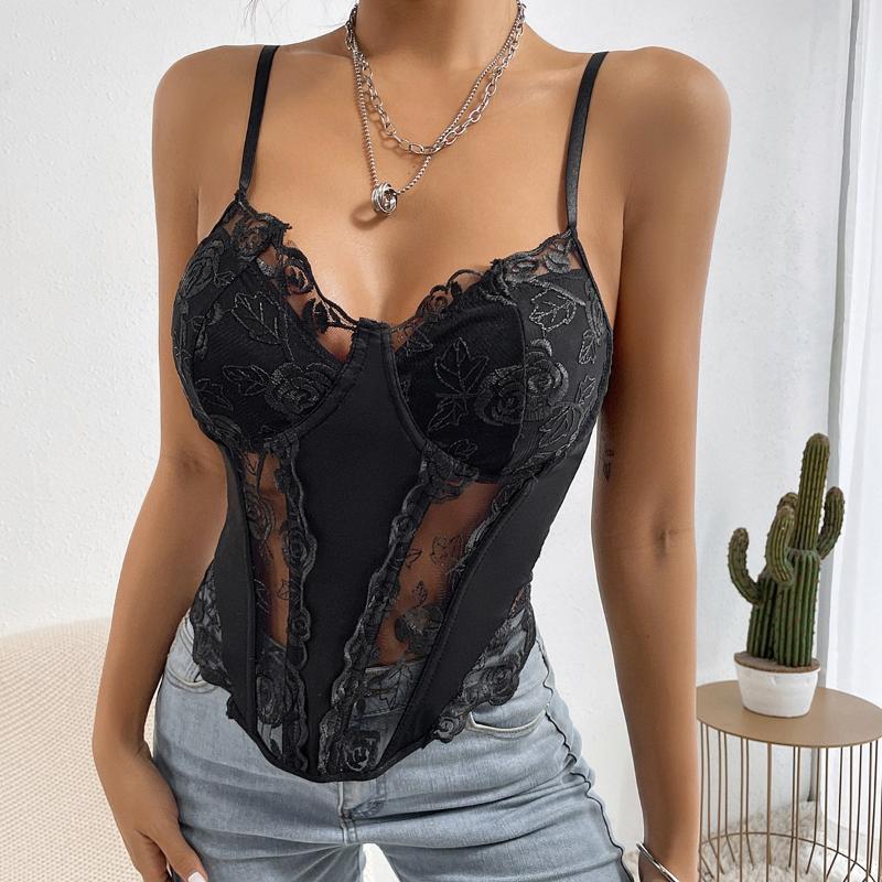 

Women' Tanks & Camis Vintage Rose Flower Mesh Lace Women Crop Tops Vest Push Up Bralet Corset Bustier Bra Sexy V-Neck Camisole Summer Tank, Black