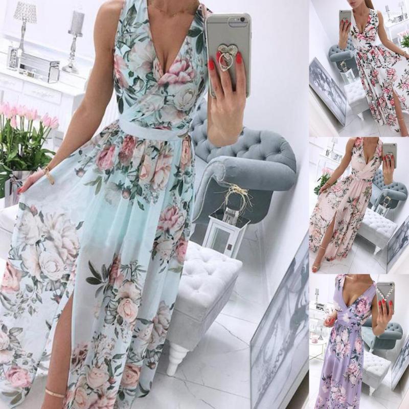 

Casual Dresses !! Bohemian Women Dress Sleeveless Deep V Neck Floral Print Slit Hem Long For Summer, Blue