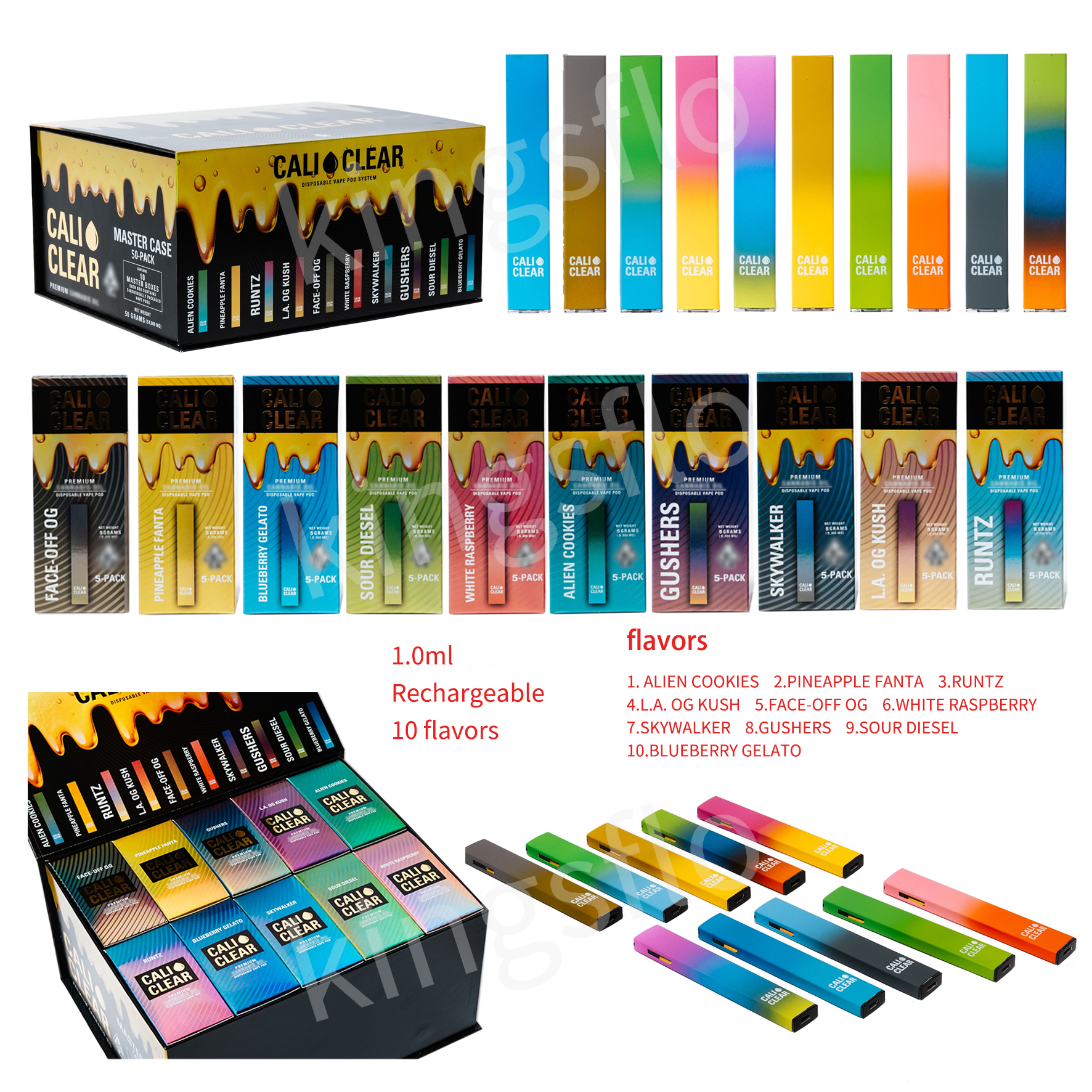 

Prefilled CALI CLEAR Disposable E-cigarettes Vape Pen One Pack 50pcs 10 flavors Rechargeable 1ML Carts STOCK IN USA