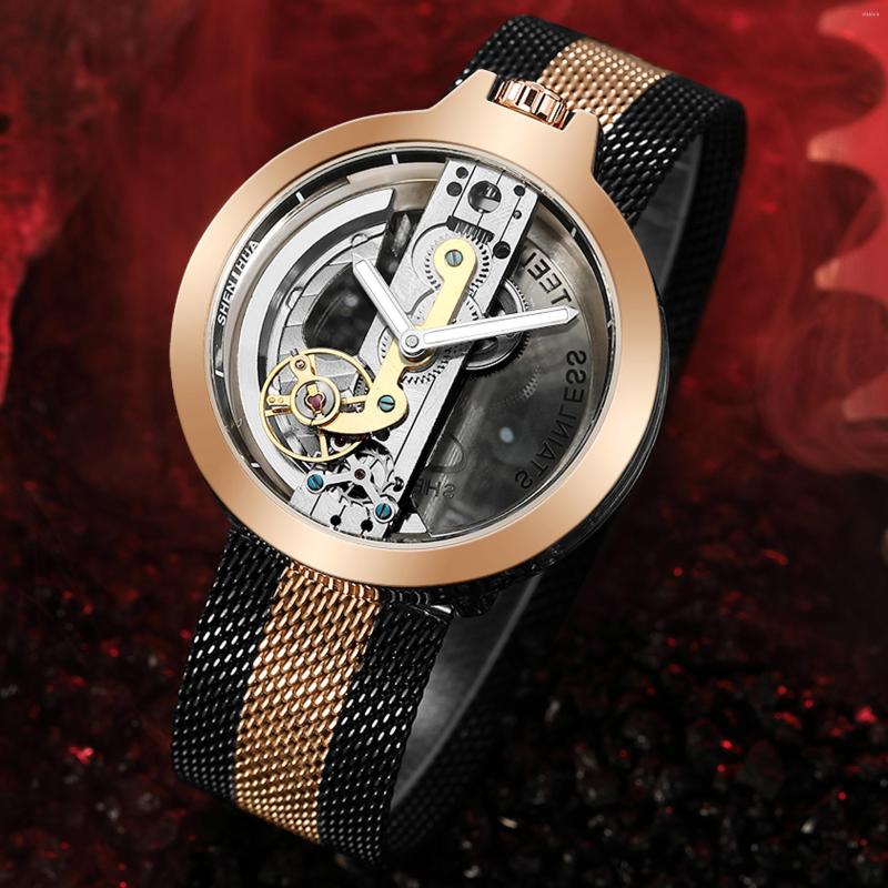

Wristwatches Luxury Automatic Turbullion Mechanical Watch For Men Skeleton Transparent 3D Hollow Dial Case Wristwatch Selfwind Male Clock