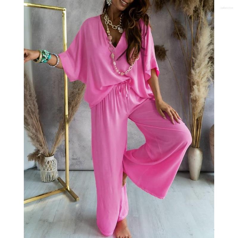 

Women' Two Piece Pants Women Summer V-Neck Batwing Sleeve Top & Casual Set Fashion Femme Solid Half Pieces Streetwear 2023, Black