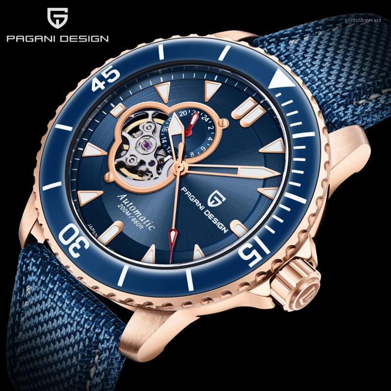 

Wristwatches Tourbillon Automatic Men's Watches Sapphire Glass Clock Top Brand Ceramic Bezel Hollow Mechanical Wristwatch, Gold blue