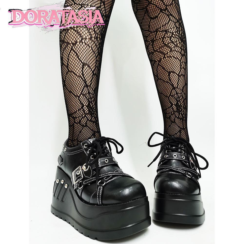 

Dress Shoes Punk Goth INS Brand Platform Wedges Women's sneakers Lace Up Fashion Trendy Cosplay Lolita Pumps Cute 230217, Black