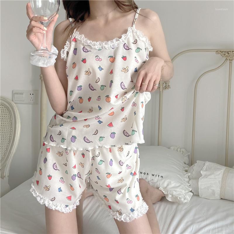 

Women's Sleepwear Summer Short Sleeve Pure Cotton Pajama Set Women Harness Lace Pajamas Printing Two-piece Sexy Nightwear Lounge Wear, White