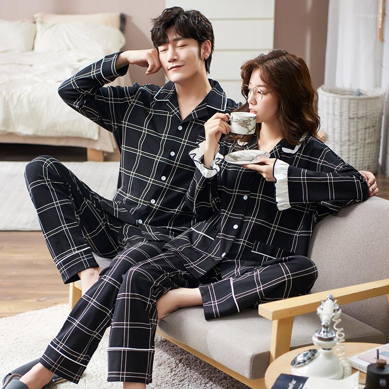 

Women's Sleepwear Novelty Couple 2PCS Pajamas Set Autumn Winter Cotton Plaid Pyjamas Women& Men Long Sleeve Lounge Pijama
