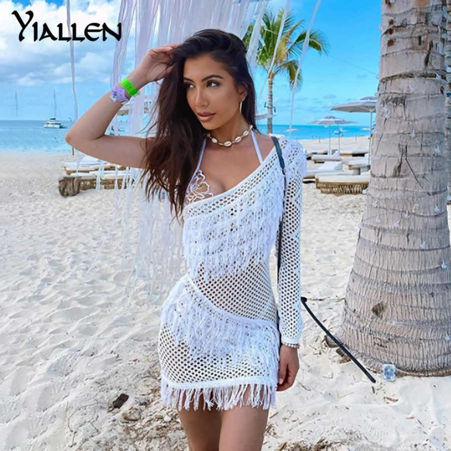 

Casual Dresses Yiallen Autumn New Fashion Sexy See Through One Shoulder Tassel Mini Bodycon Dress Women Y2K Streetwear Beach Club Night Dress Z0216, White