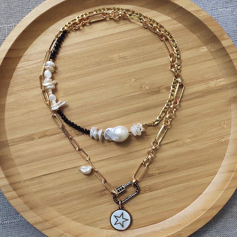 

Pendant Necklaces Fashion Punk Gold-color Chain Necklace Natural Freshwater Pearl Creative Stitching For Women Double Neck Accessory 2023