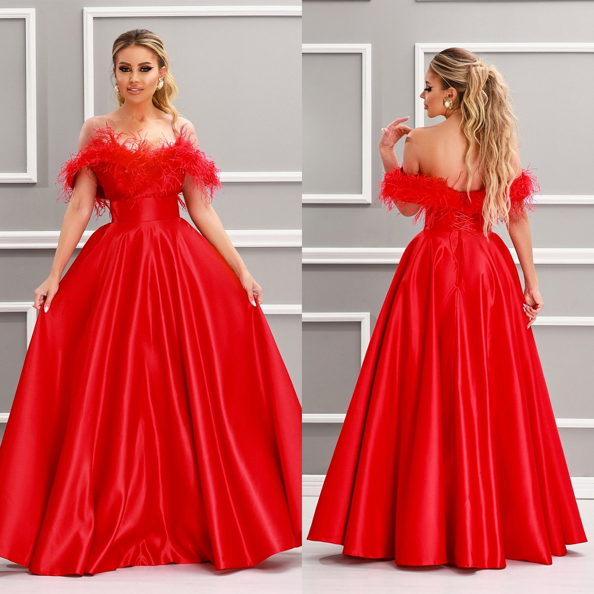 

Glamorous Prom Dresses A-line Strapless Off the Shoulder Solid Color Satin with Feather Backless Custom Made Zipper Floor Length Evening Dress Plus Size, Light yellow