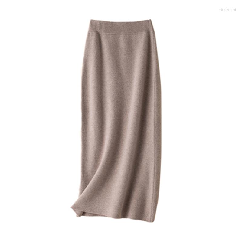 

Skirts 2023 Spring Autumn Women' Cashmere High Waist Female Knitted Hips Quality Trendy Lady Long A-Line, Beige
