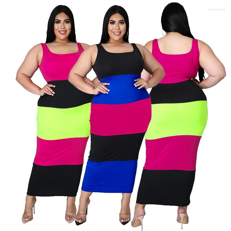

Plus Size Dresses Woman Summer 2023 Wholesale Sleeveless High Waist Striped Patchwork Bodycon Dress Long Drop, Blue