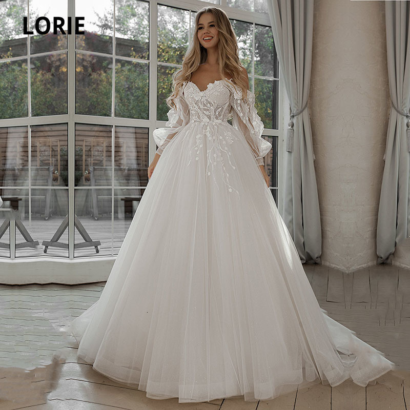 

Party Dresses LORIE Glitter Wedding Dresses Puff Sleeve Appliques Lace 3D Flowers off Shoulder Tulle Boho Bride Gown vestidos de novia 230217, White