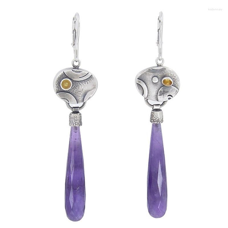

Dangle Earrings & Chandelier Vintage Inlaid Drop Shaped Purple Zircon Silver Color Metal Carving Patterned Handmade For WomenDangle Kirs22