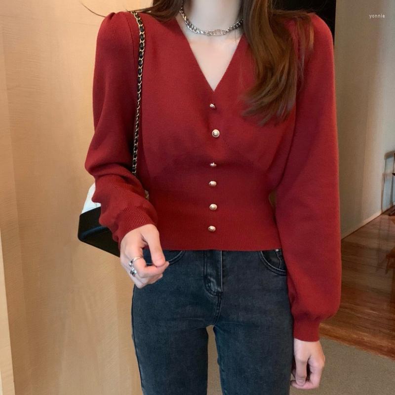 

Women's Sweaters Autumn Winter Women Pullovers 2023 V-neck Solid Red Lantern Sleeve Knitwear Bottoming Shirt Womens Casual Ladies Jumper, Black