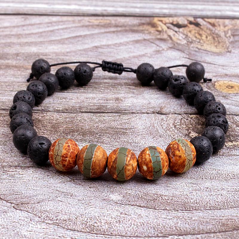 

Strand 8mm Lava Stone With Tibetan Dzi Stripe Green Carnelian Beads Yoga Bracelet For Women Mens Drop
